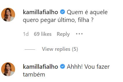 Kamilla Tialho comenta no Instagram da filha (Imagem: Instagram)
