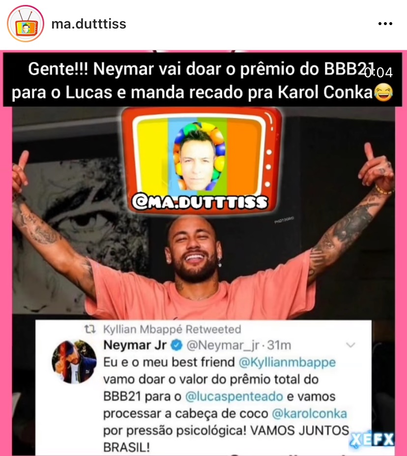 É FAKE! Print de Neymar o qual o craque afirma que fará doação de valor de prêmio é falso! (Foto: Reprodução/Instagram)