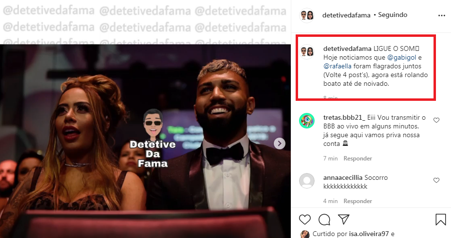 Post da página Detetive da Fama sobre Gabigol e Rafaella Santos (Foto: Reprodução/Instagram)