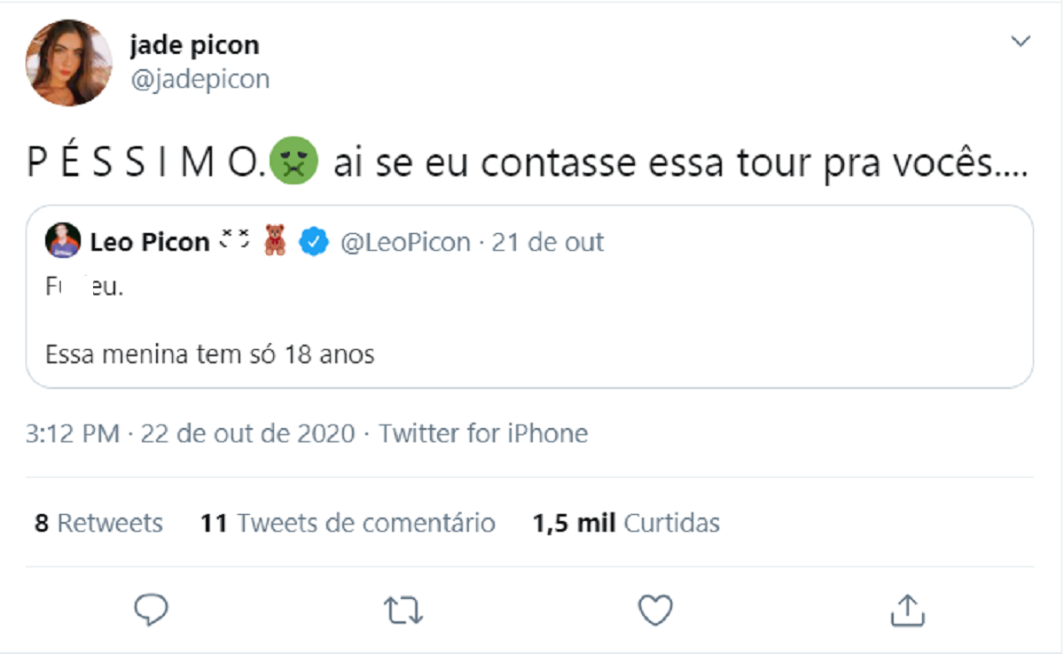 Imagem: Jade Picon comenta tweet do irmão Léo Picon (Reprodução/Twitter)