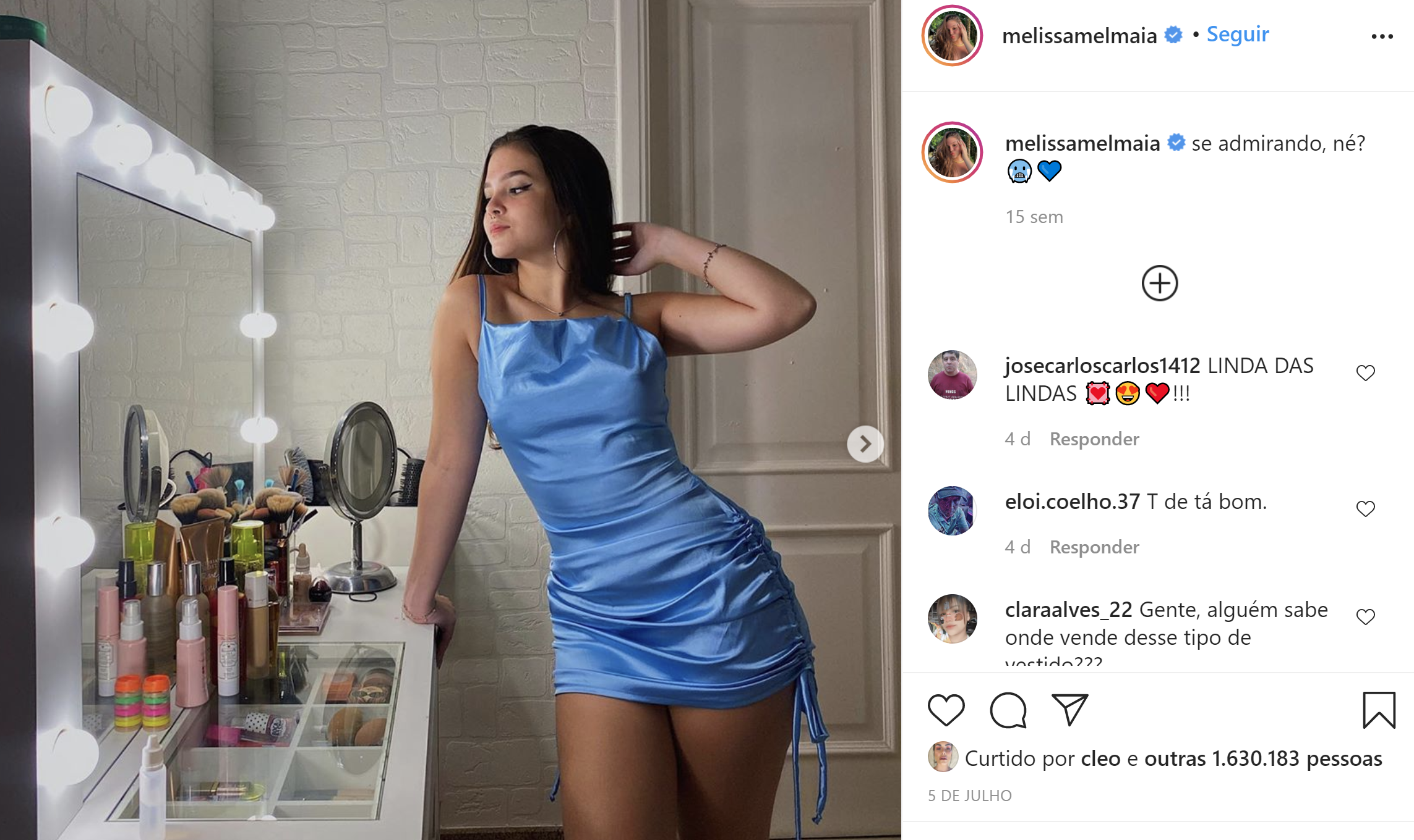 Vestido azul de Mel Maia ganha destaque no Instagram e publicação alcança mais de 1 milhão de pessoas