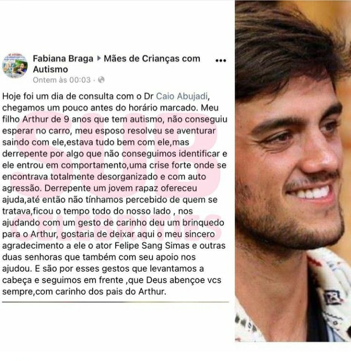 Relato de Fabiana Braga sobre o ator Felipe Simas