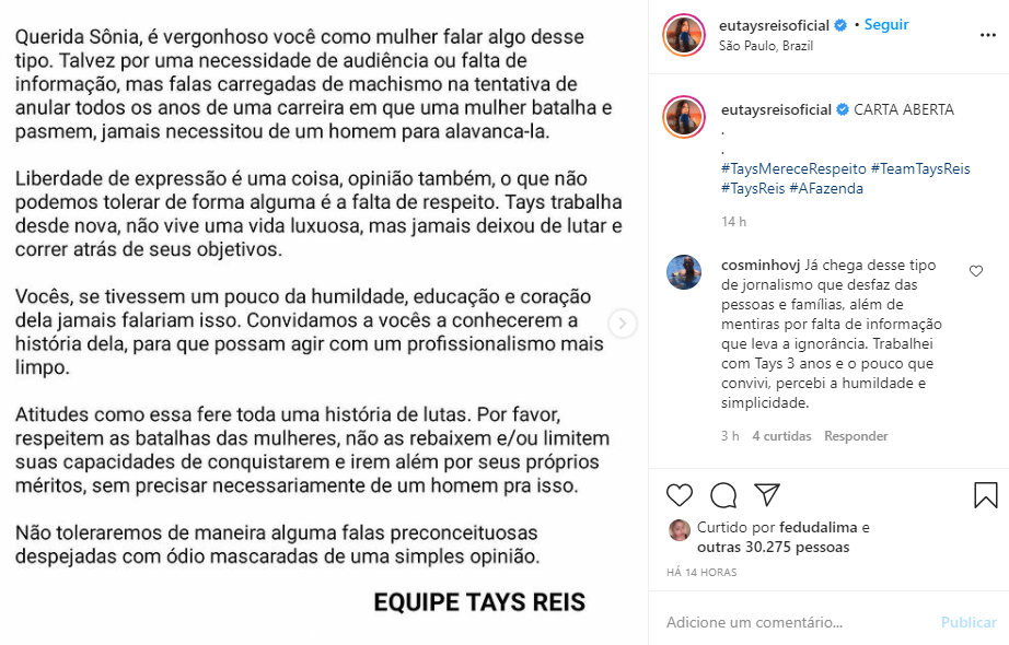 "Carta Aberta" da equipe de Tays Reis para Sonia Abrão - Reprodução do Instagram