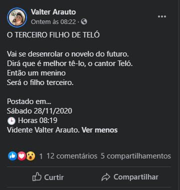 Valter Arauto, previsão sobre gravidez de Thais Fersoza e Michel Teló - Reprodução do Facebook