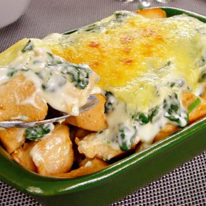 frango com creme de batata e espinafre