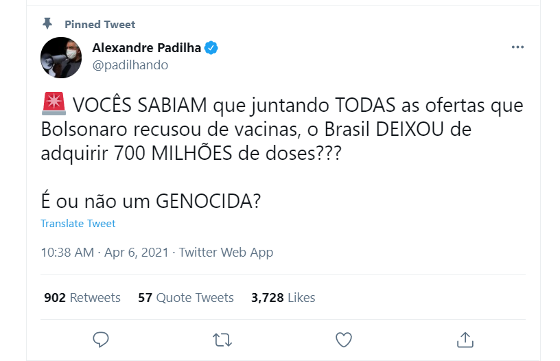 Deputado afirma que Bolsonaro deixou de adquirir 700 milhões de doses da vacina contra a Covid-19