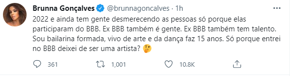 Brunna Gonçalves tuíta sobre desmerecimento de ex-BBBS (foto: Twitter)